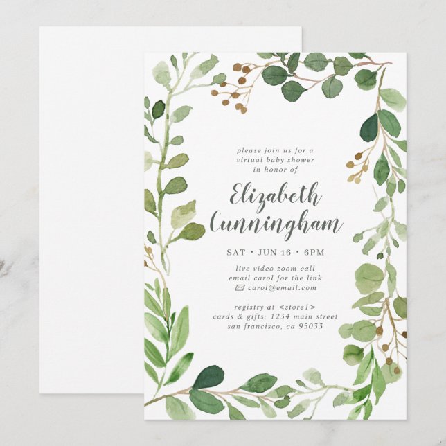 Aquarellpflanze Foliage Virtual Baby Dusche Einladung (Vorne/Hinten)