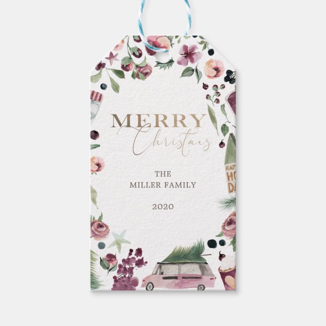 Aquarellpflaume und pinkfarbene Weihnachten Geschenkanhänger (Vorderseite)