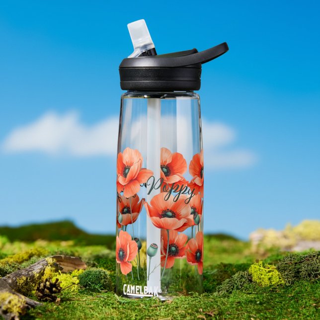 Aquarellpfropfen Name Flasche Wasser (Pop your name on this pretty poppy water bottle)