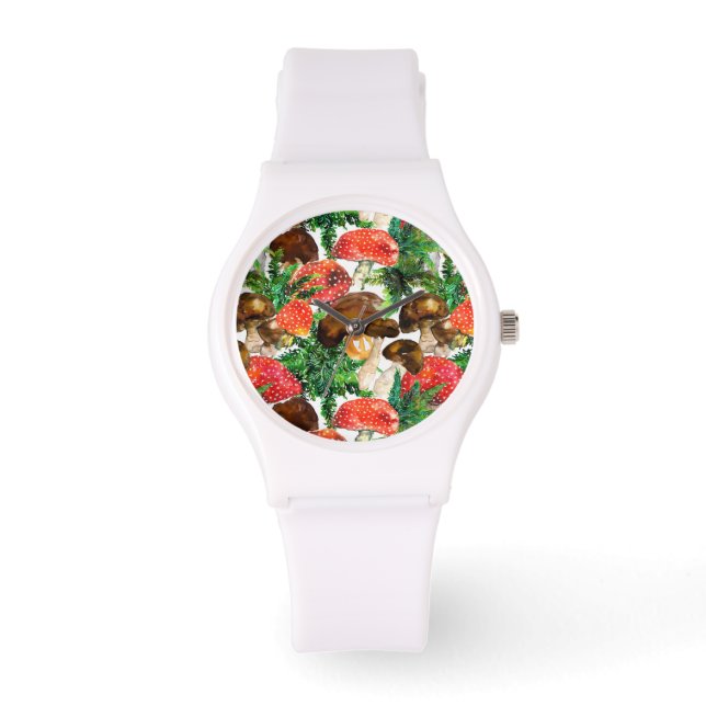 Aquarellpilze und grünes Farnmuster Armbanduhr (Vorderseite)