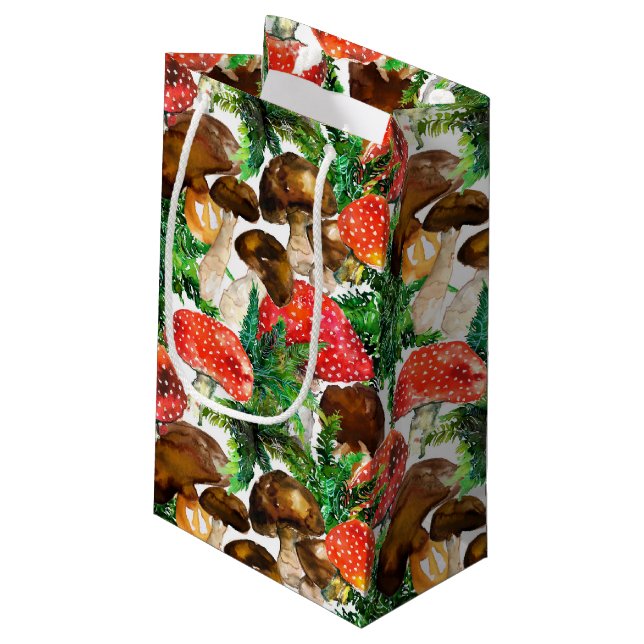 Aquarellpilze und grünes Farnmuster Kleine Geschenktüte (Rückseite Schrägansicht)