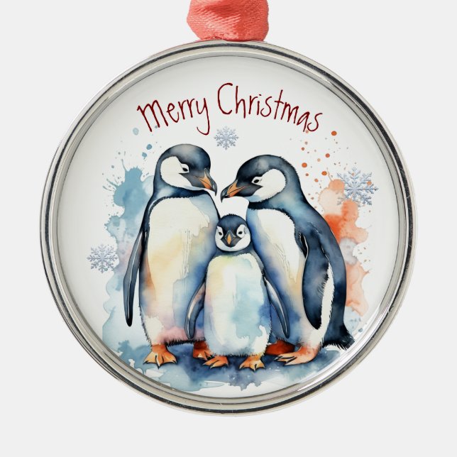 Aquarellpinguin Familie Winter Tierart Ornament Aus Metall (Vorne)