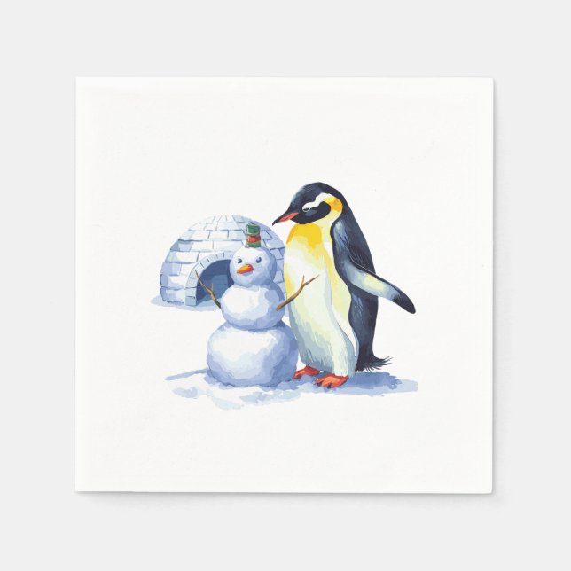 Aquarellpinguin Gebäude ein Schneemann Serviette (Vorderseite)