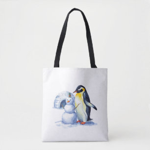 Aquarellpinguin Gebäude ein Schneemann Tasche