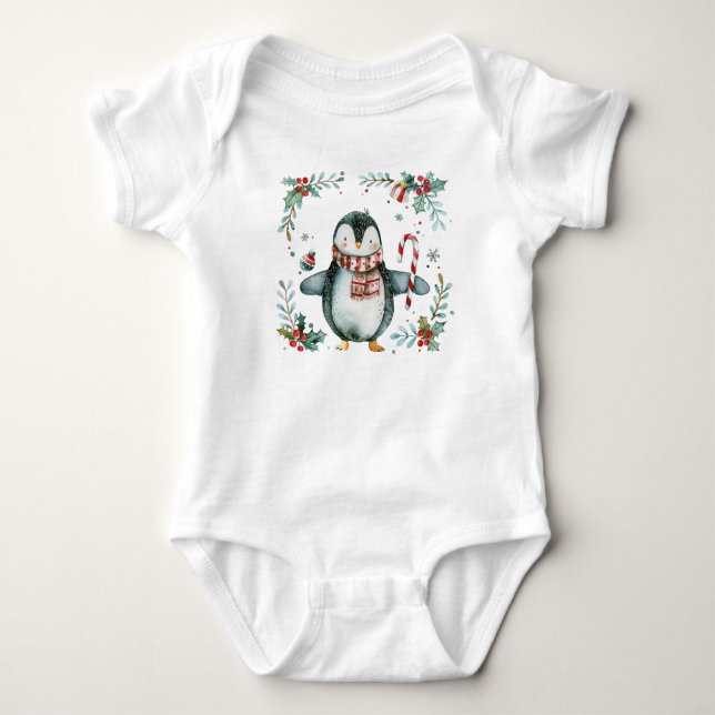 Aquarellpinguin mit Candy Cane Holiday Outfit Baby Strampler (Vorderseite)