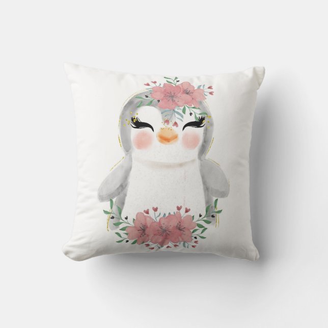 Aquarellpinguin mit Florals-Kissenplätzchen Kissen (Vorderseite)
