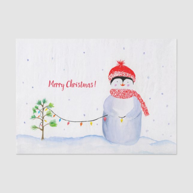 Aquarellpinguin mit Weihnachtsbeleuchtung Seidenpapier (Vorderseite)