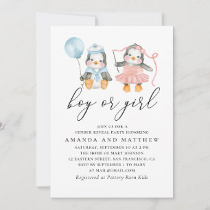 Aquarellpinguine. Mädchen oder Junge. Geschlechtsa Einladung