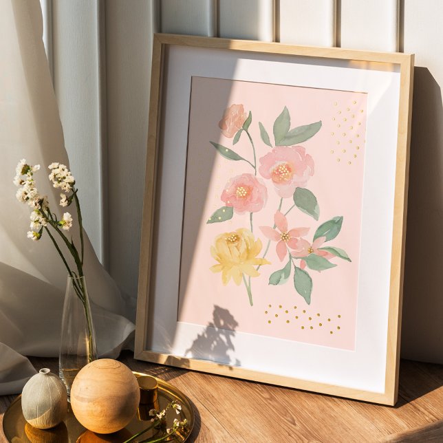 Aquarellpink Gelbe florale Botanische Polka Dot Foliendrucke (Von Creator hochgeladen)