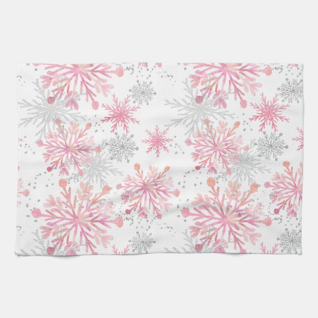 Aquarellpink & Silver Glitzer Winterschneeflocken Geschirrtuch (Horizontal)