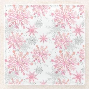 Aquarellpink & Silver Glitzer Winterschneeflocken Glasuntersetzer