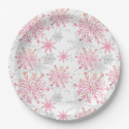 Aquarellpink & Silver Glitzer Winterschneeflocken Pappteller