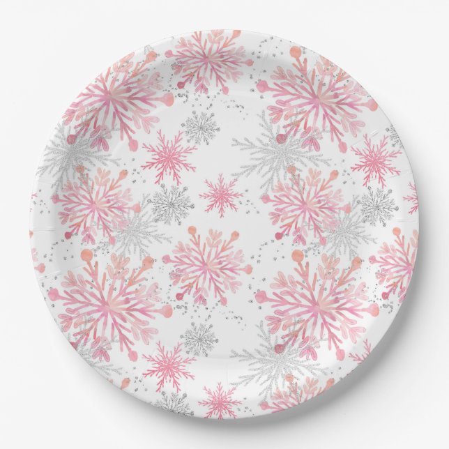 Aquarellpink & Silver Glitzer Winterschneeflocken Pappteller (Vorderseite)