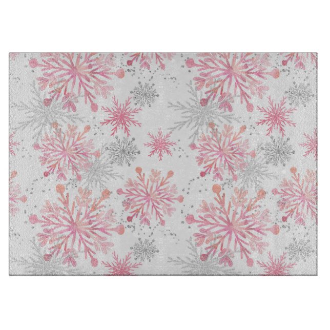 Aquarellpink & Silver Glitzer Winterschneeflocken Schneidebrett (Vorderseite)