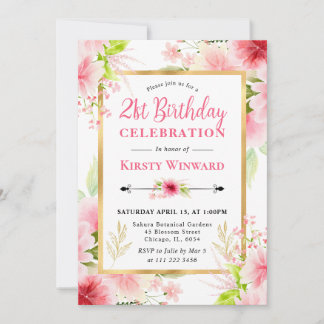 Aquarellpink Sommer Blume 21. Geburtstag Einladung
