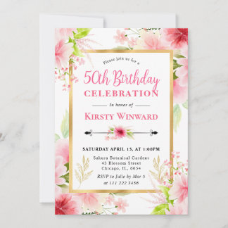 Aquarellpink Sommer Blume 50. Geburtstag Einladung