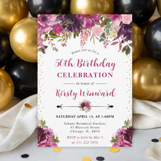 Aquarellpink Sommer Blume 50. Geburtstag Einladung