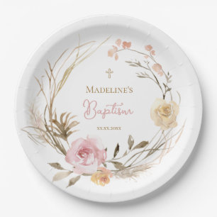 Aquarellpinke, beige Blume Taufe Pappteller