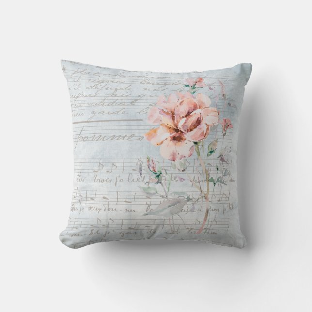 Aquarellpinke Blume auf Französisch Music Blue Kissen (Vorderseite)
