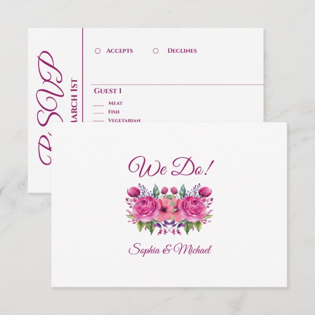Aquarellpinke Blume Bouquet-We Do-Wedding- RSVP Karte (Vorne/Hinten)