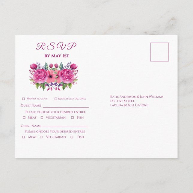 Aquarellpinke Blume Bouquet-Wedding RSVP- Einladungspostkarte (Rückseite)
