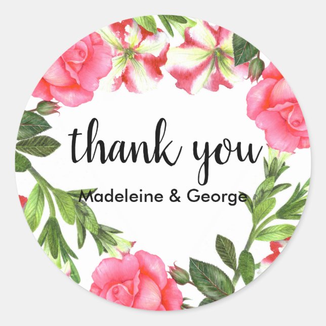 Aquarellpinke Blume Circle Wreath Monogramm Runder Aufkleber (Vorderseite)