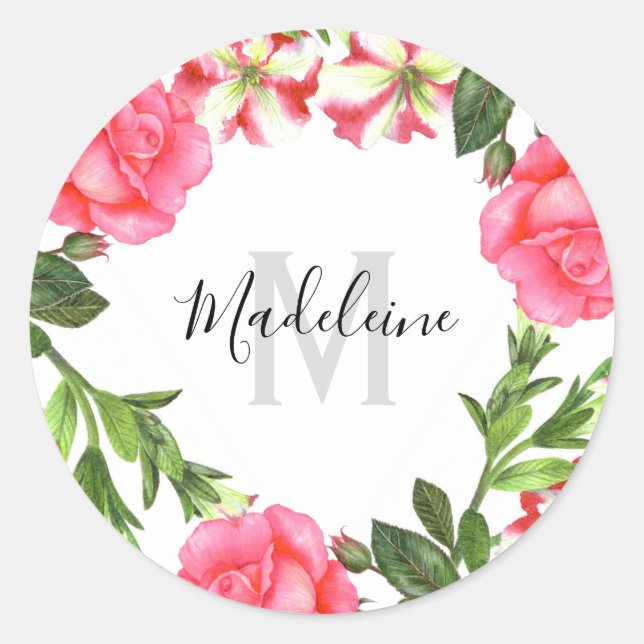 Aquarellpinke Blume Circle Wreath Monogramm Runder Aufkleber (Vorderseite)