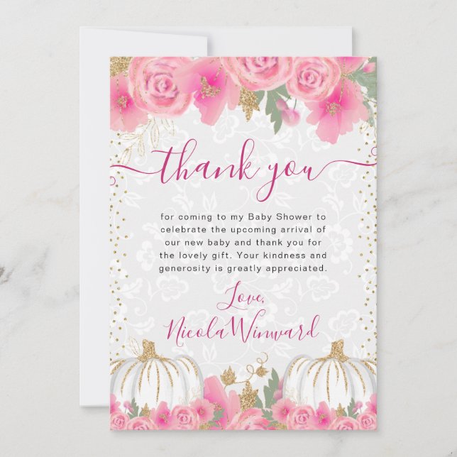 Aquarellpinke Blume fallen Pumpkin Baby Dusche Dankeskarte (Vorderseite)
