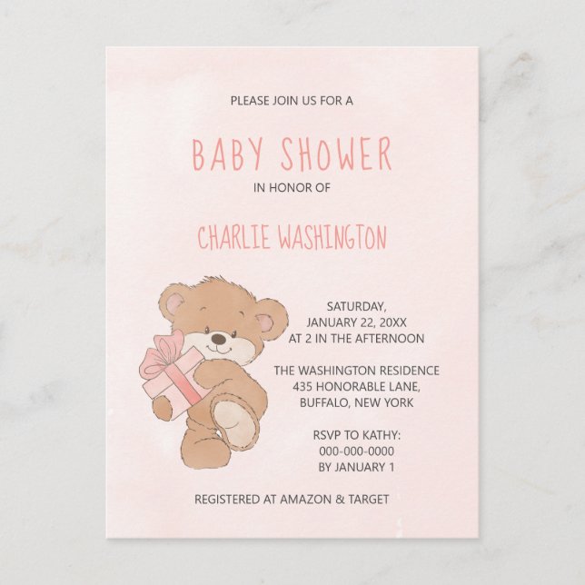 Aquarellpinke, einfache Teddy Bear Babydusche Postkarte (Vorderseite)