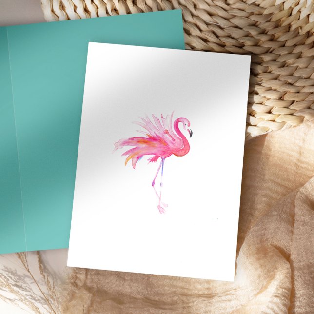 Aquarellpinke Flamingo Grußkarte Feiertagskarte (folded notecard watercolor pink flamingo on white background blank inside art Victoria Grigaliuanas)