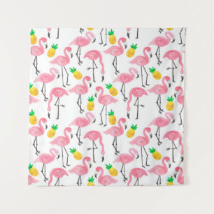 Aquarellpinke Flamingo und gelbe Ananas Wandteppich