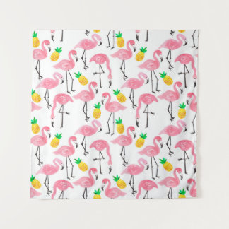 Aquarellpinke Flamingo und gelbe Ananas Wandteppich