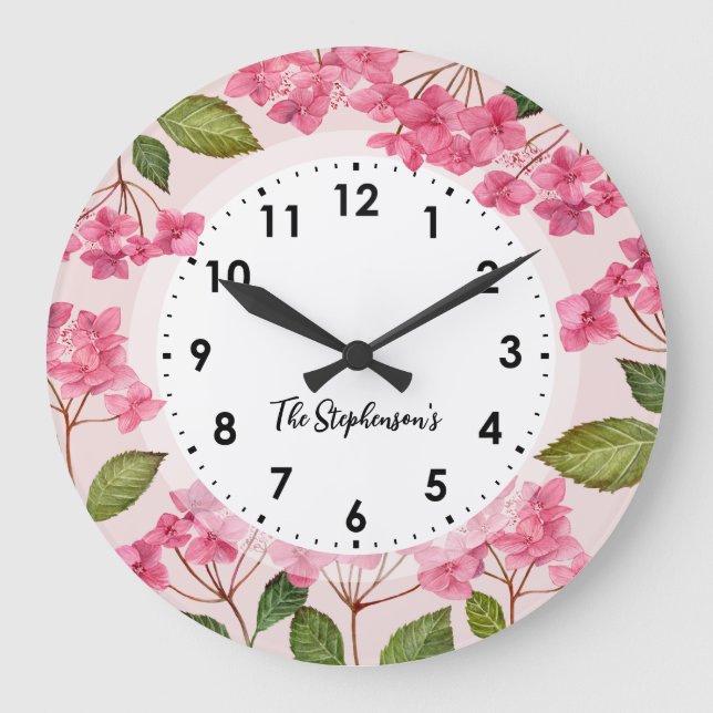 Aquarellpinke Hydrangea Lacecaps Illustration Große Wanduhr (Vorderseite)