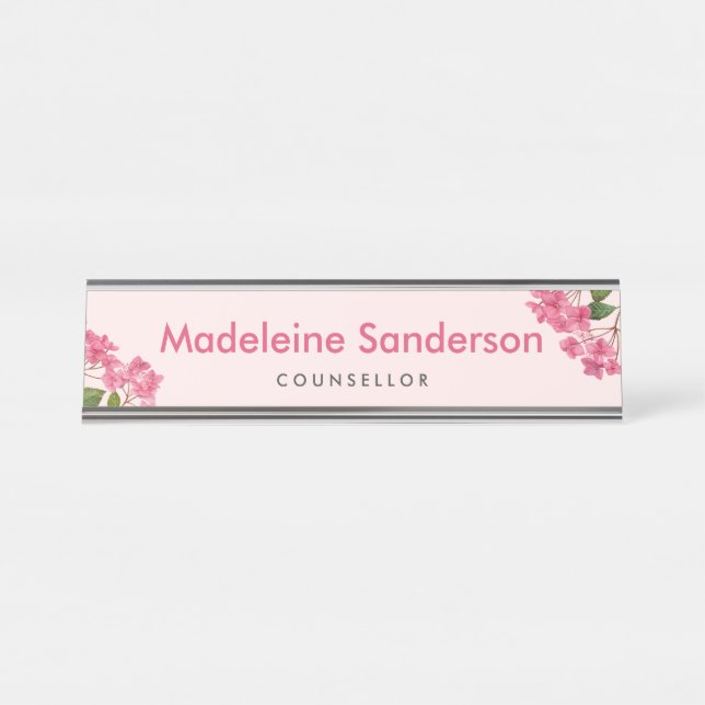 Aquarellpinke Hydrangea Lacecaps Illustration Schreibtischnamensplakette (Vorderseite )