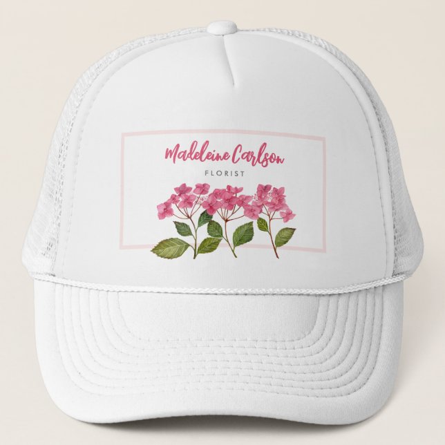Aquarellpinke Hydrangea Lacecaps Illustration Truckerkappe (Vorderseite)