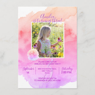 Aquarellpinke Lila Girl 3. BIRTHDAY Party Einladung