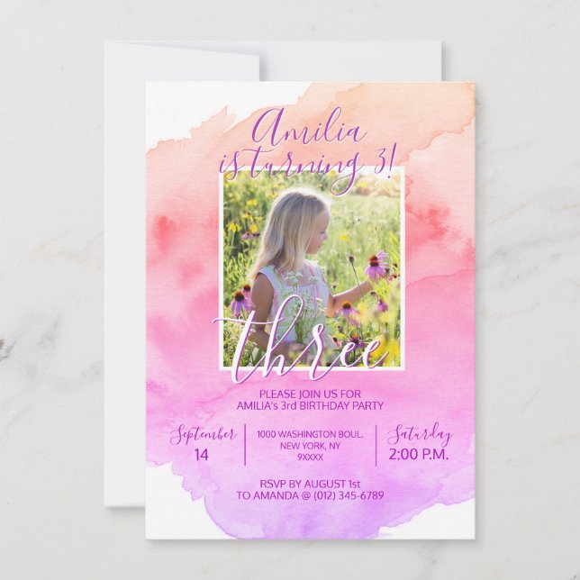 Aquarellpinke Lila Girl 3. BIRTHDAY Party Einladung (Vorderseite)