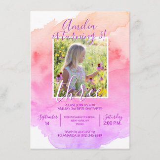 Aquarellpinke Lila Girl 3. BIRTHDAY Party Einladung