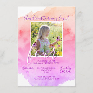 Aquarellpinke Lila Girl 4. JAHR ALTER GEBURTSTAG Einladung