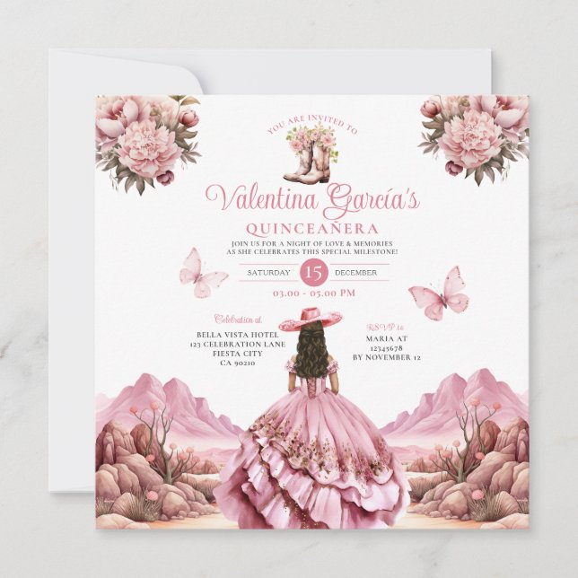 Aquarellpinke Quinceañera 15 Anos Boots Western Einladung (Vorderseite)