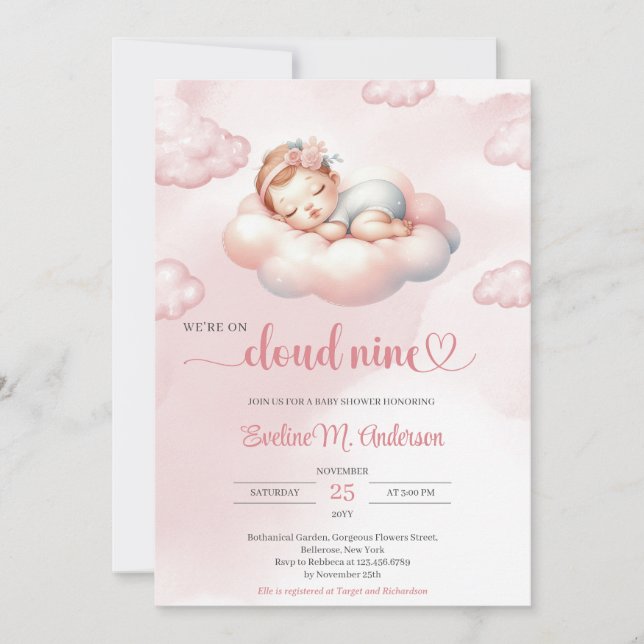 Aquarellpinke und Elfenbeinwolke: neun Mädchen Einladung (Vorderseite)