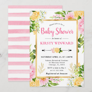 Aquarellpinke und gelbe Blumen Kinderdusche Einladung