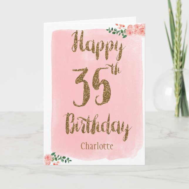 Aquarellpinke und Gold 35. Geburtstag Karte (Vorderseite)