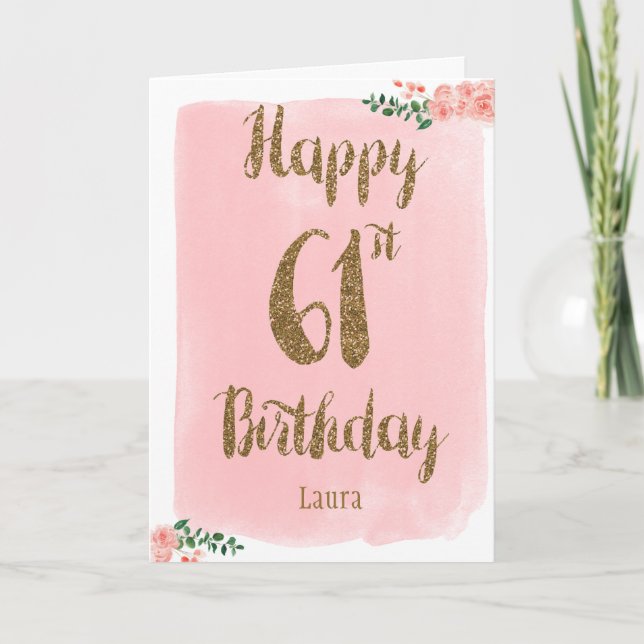 Aquarellpinke und Gold 61. Geburtstag Karte (Vorderseite)