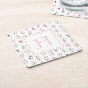 Aquarellpinke und grüne Mahjong-Tiles Monogram Rechteckiger Pappuntersetzer