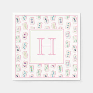 Aquarellpinke und grüne Mahjong-Tiles Monogram Serviette