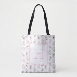 Aquarellpinke und grüne Mahjong-Tiles Monogram Tasche