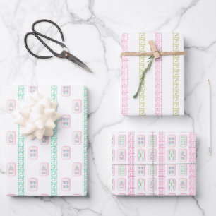 Aquarellpinke und grüner Mahjong Geschenkpapier Set