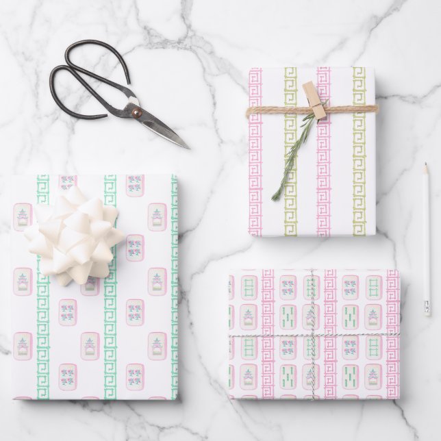 Aquarellpinke und grüner Mahjong Geschenkpapier Set (Vorderseite)