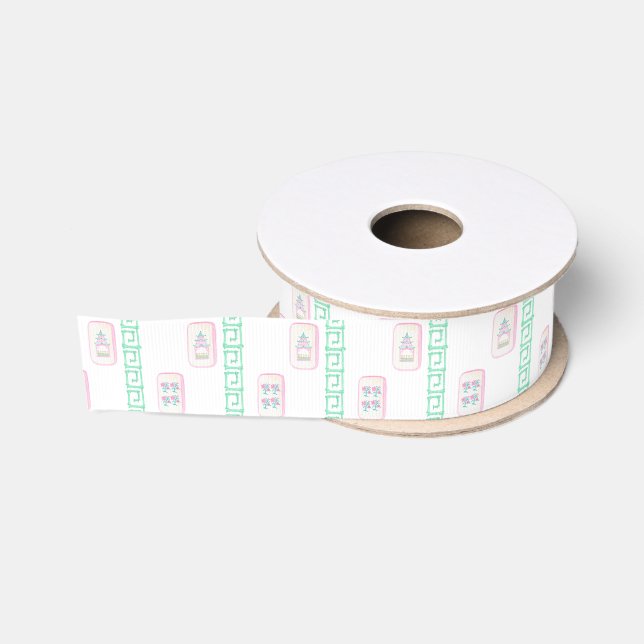 Aquarellpinke und grüner Mahjong Ripsband (Spule)
